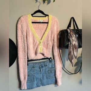 For Love And Lemons Pink Fuzzy Button Down with Yellow Trim